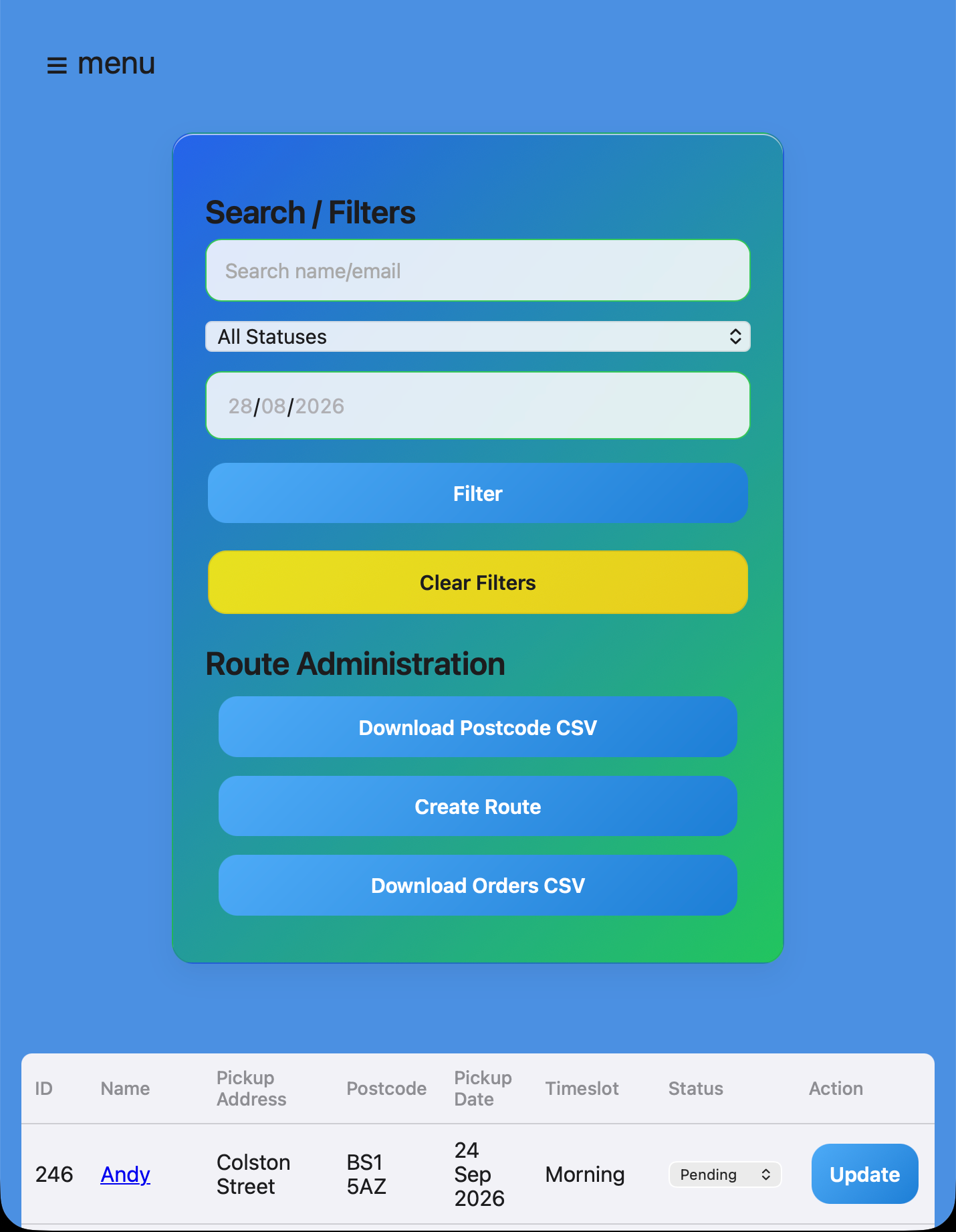 Order filters and route administration in The Laundry App