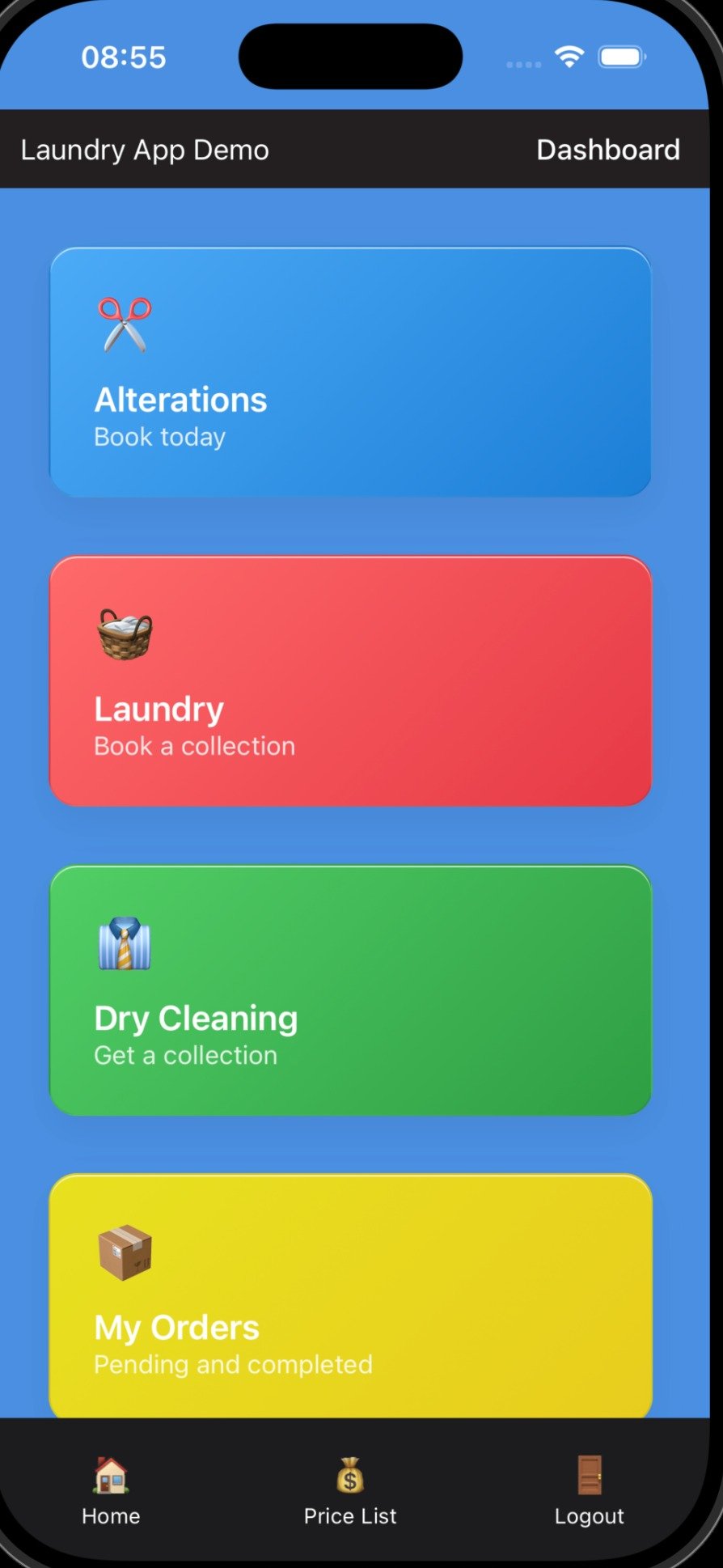 Customer dashboard showing different laundry service categories
