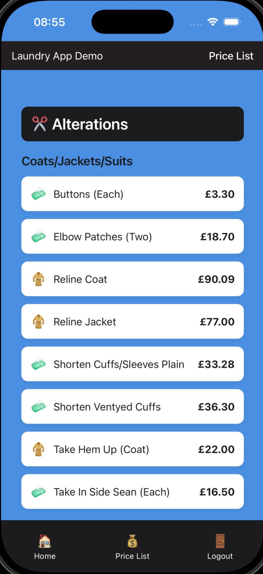 The Laundry App customer price list