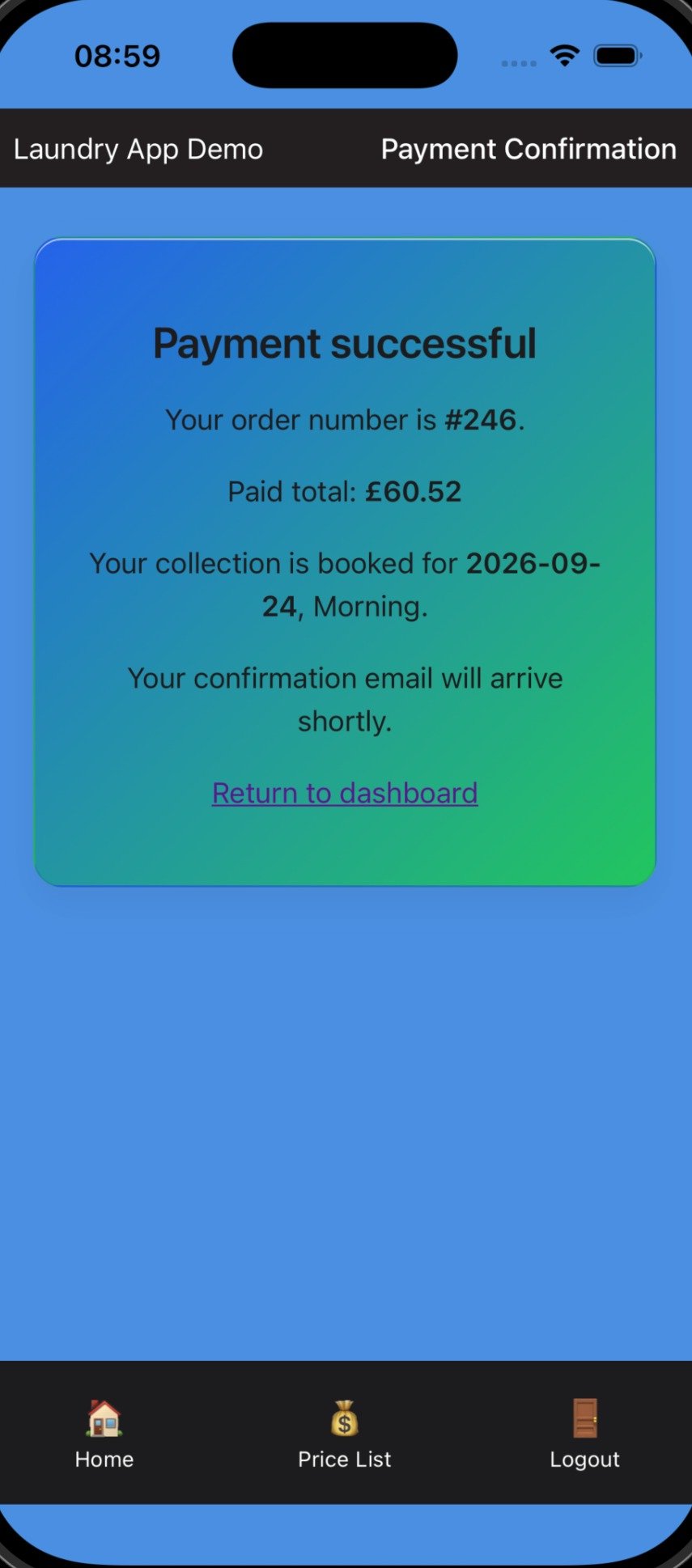Laundry collection payment confirmation